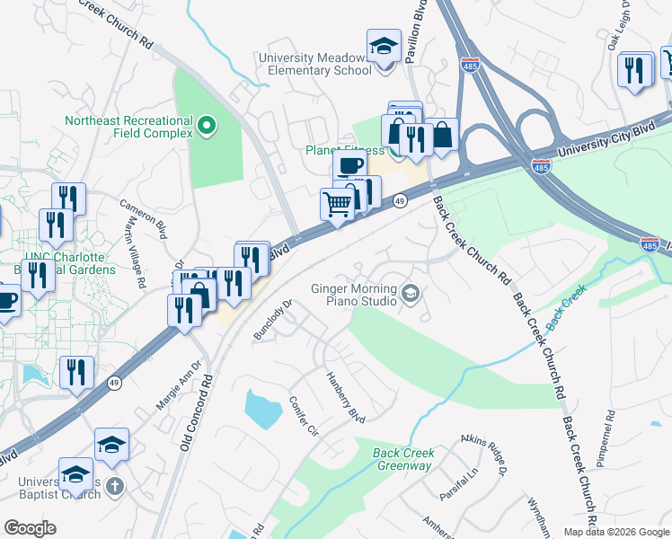 map of restaurants, bars, coffee shops, grocery stores, and more near 10074 Pergola View Court in Charlotte