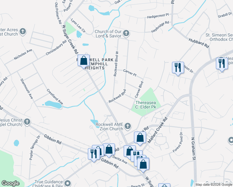 map of restaurants, bars, coffee shops, grocery stores, and more near 6305 Rockwell Boulevard in Charlotte
