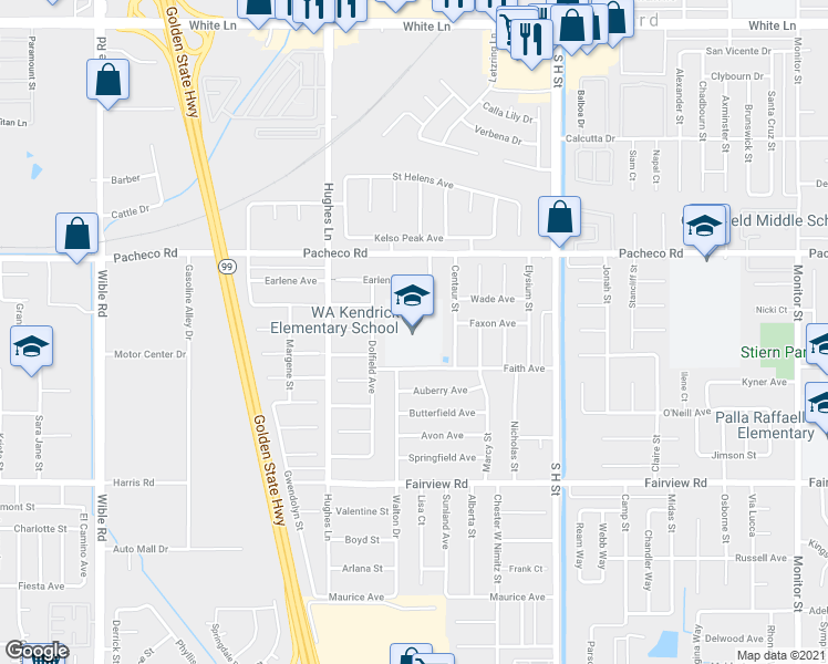 map of restaurants, bars, coffee shops, grocery stores, and more near 2200 Faith Avenue in Bakersfield