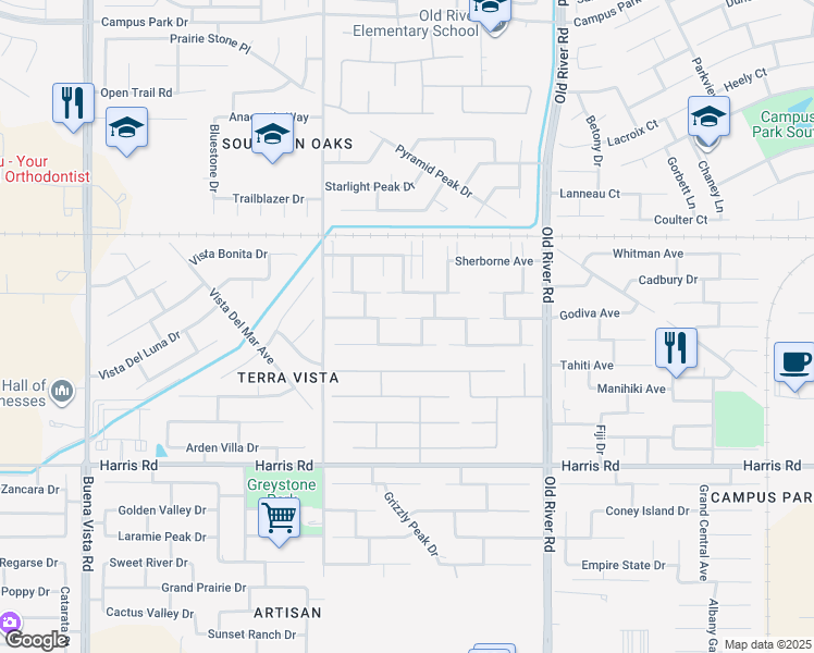 map of restaurants, bars, coffee shops, grocery stores, and more near 10110 Cobblestone Avenue in Bakersfield
