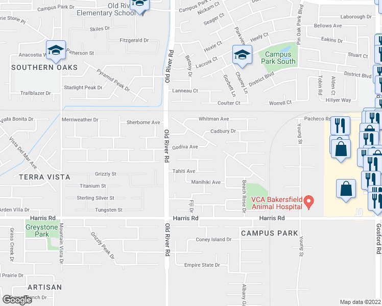 map of restaurants, bars, coffee shops, grocery stores, and more near Truffle Way in Bakersfield