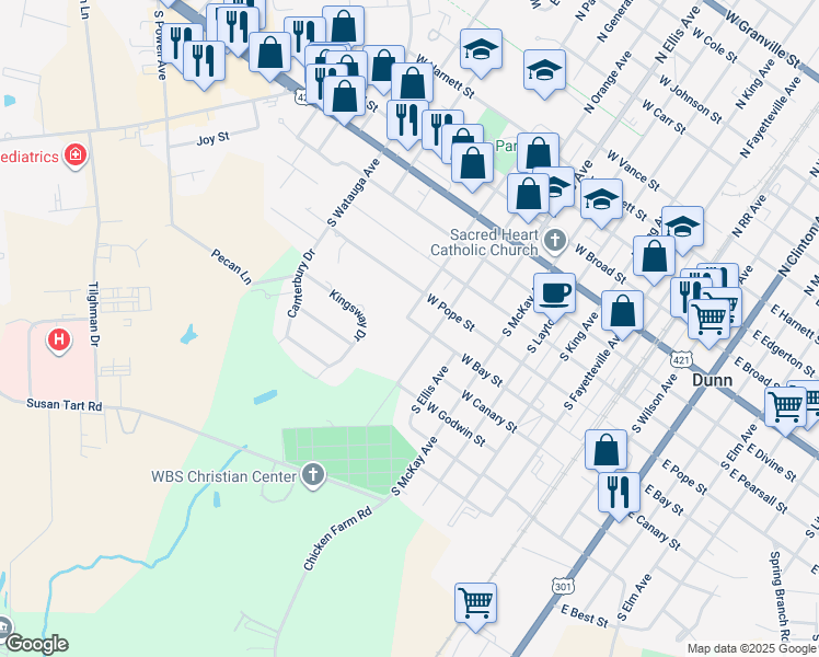map of restaurants, bars, coffee shops, grocery stores, and more near 707 West Bay Street in Dunn