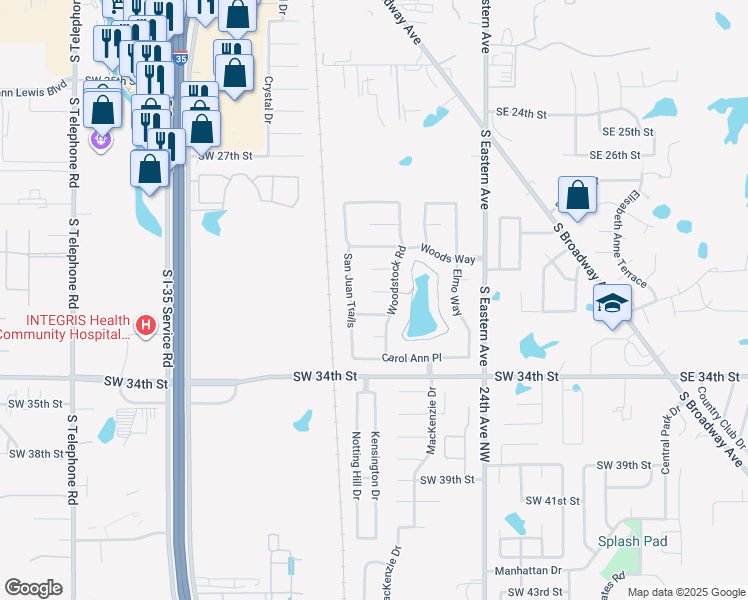 map of restaurants, bars, coffee shops, grocery stores, and more near 800 Brian Court in Moore