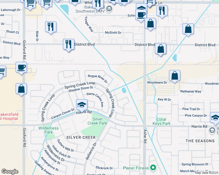map of restaurants, bars, coffee shops, grocery stores, and more near 5106 Mill Wheel Drive in Bakersfield