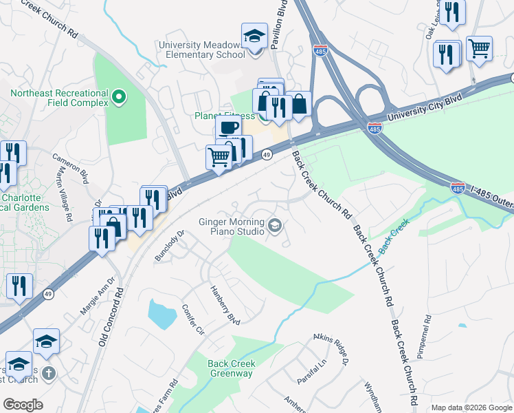 map of restaurants, bars, coffee shops, grocery stores, and more near 1826 Birch Heights Court in Charlotte