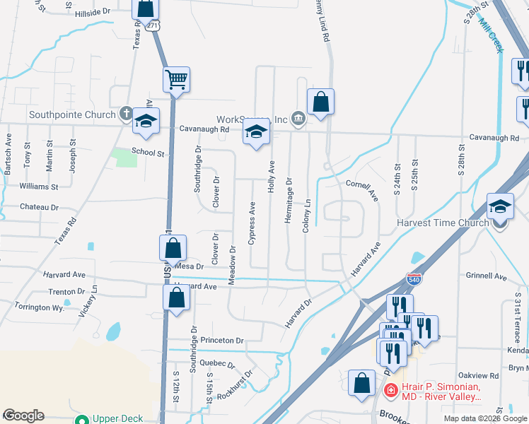map of restaurants, bars, coffee shops, grocery stores, and more near 8023 Cypress Avenue in Fort Smith
