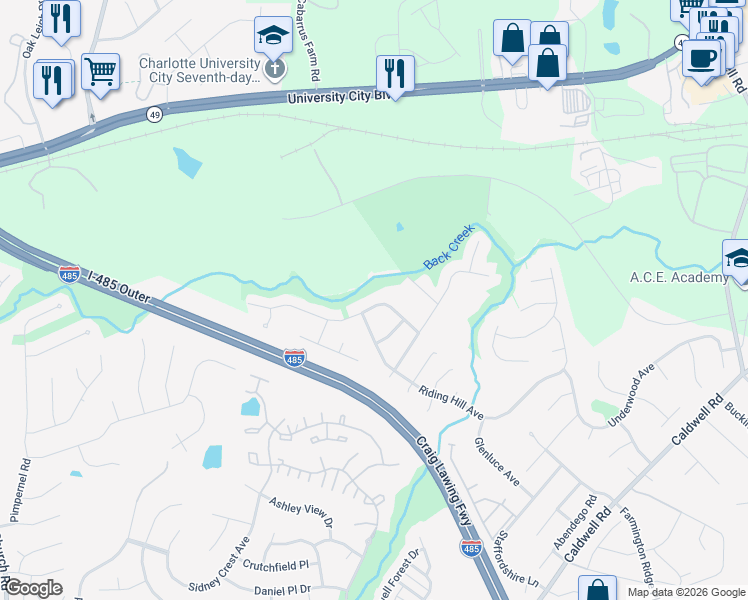 map of restaurants, bars, coffee shops, grocery stores, and more near 4736 Abercromby Street in Charlotte