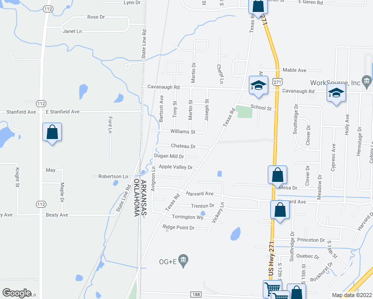 map of restaurants, bars, coffee shops, grocery stores, and more near 600 Chateau Drive in Fort Smith