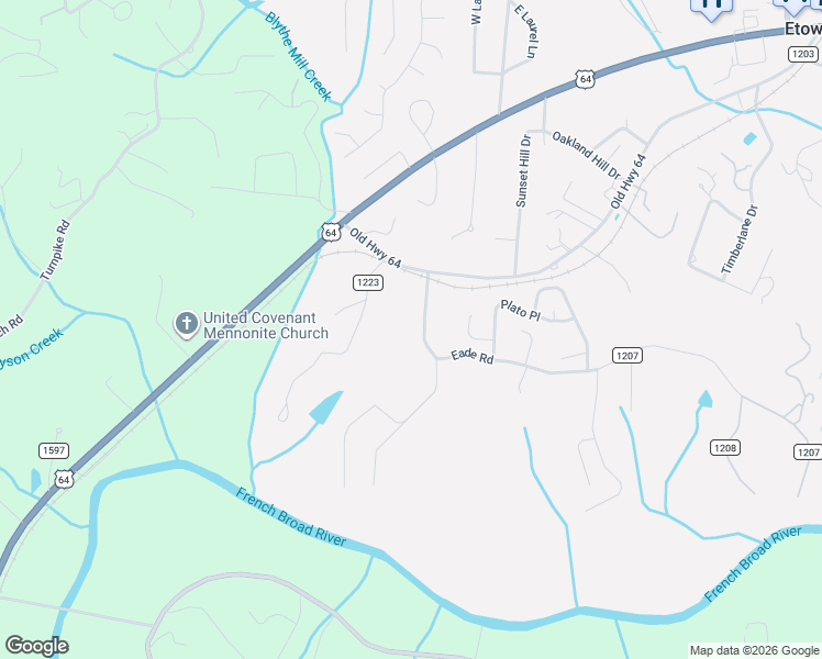 map of restaurants, bars, coffee shops, grocery stores, and more near 62 County Road 1207 in Etowah