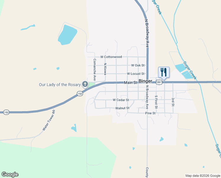 map of restaurants, bars, coffee shops, grocery stores, and more near 426 North Main in Binger