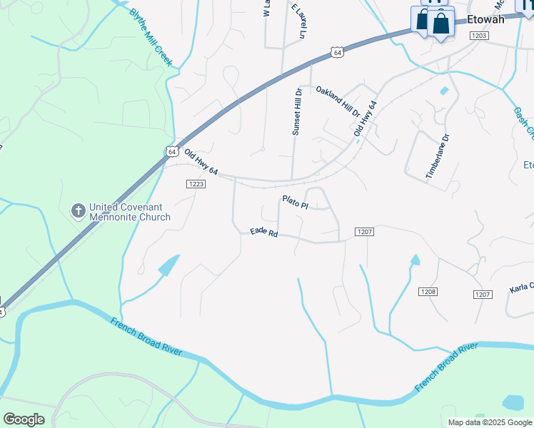 map of restaurants, bars, coffee shops, grocery stores, and more near 126 Eade Road in Etowah