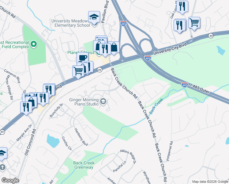 map of restaurants, bars, coffee shops, grocery stores, and more near 1885 Forest Side Lane in Charlotte