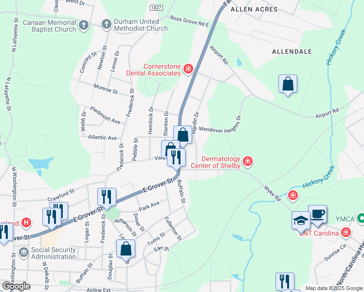 map of restaurants, bars, coffee shops, grocery stores, and more near 1019 Fallston Road in Shelby