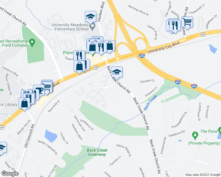 map of restaurants, bars, coffee shops, grocery stores, and more near 1885 Forest Side Lane in Charlotte
