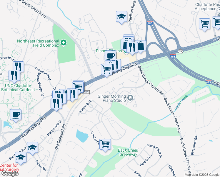 map of restaurants, bars, coffee shops, grocery stores, and more near 10074 Pergola View Court in Charlotte