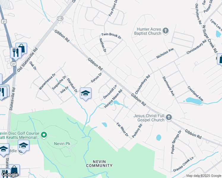 map of restaurants, bars, coffee shops, grocery stores, and more near 4131 Gibbon Road in Charlotte