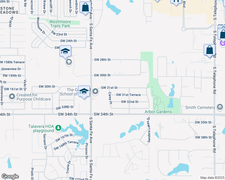map of restaurants, bars, coffee shops, grocery stores, and more near 1741 Southwest 31st Street in Moore