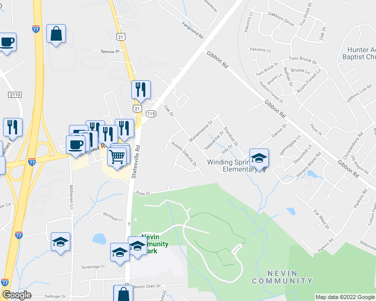 map of restaurants, bars, coffee shops, grocery stores, and more near 4107 Wanamassa Drive in Charlotte