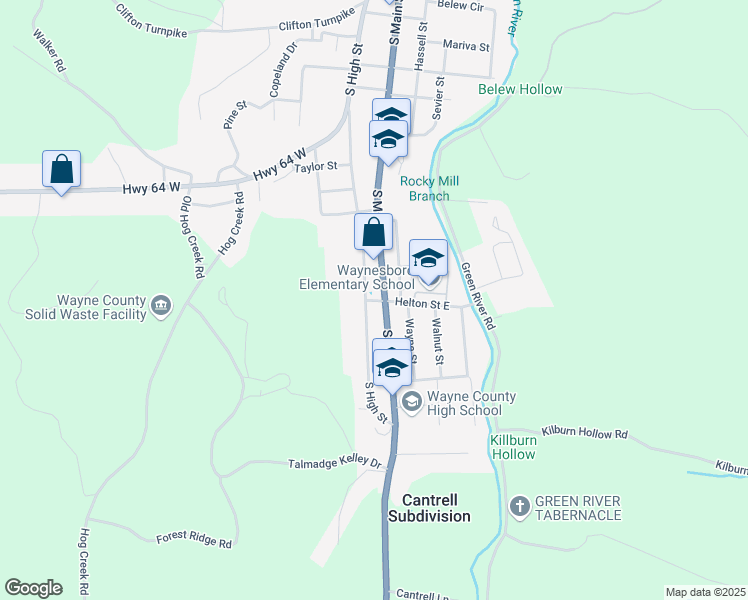 map of restaurants, bars, coffee shops, grocery stores, and more near 115 Helton Street East in Waynesboro
