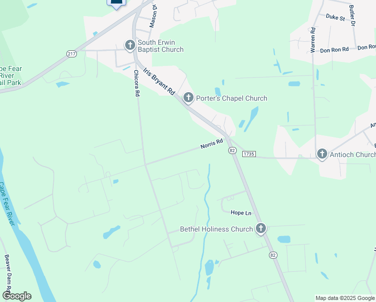 map of restaurants, bars, coffee shops, grocery stores, and more near Norris Road in Erwin