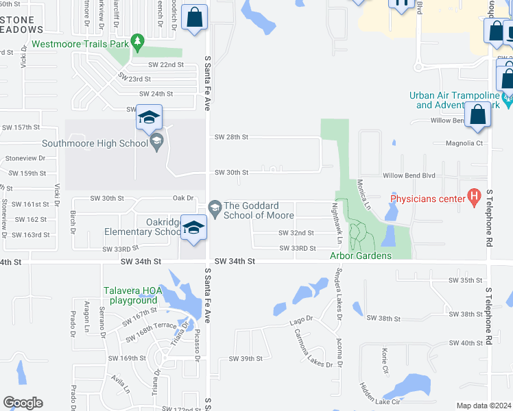 map of restaurants, bars, coffee shops, grocery stores, and more near 1744 Southwest 31st Street in Moore