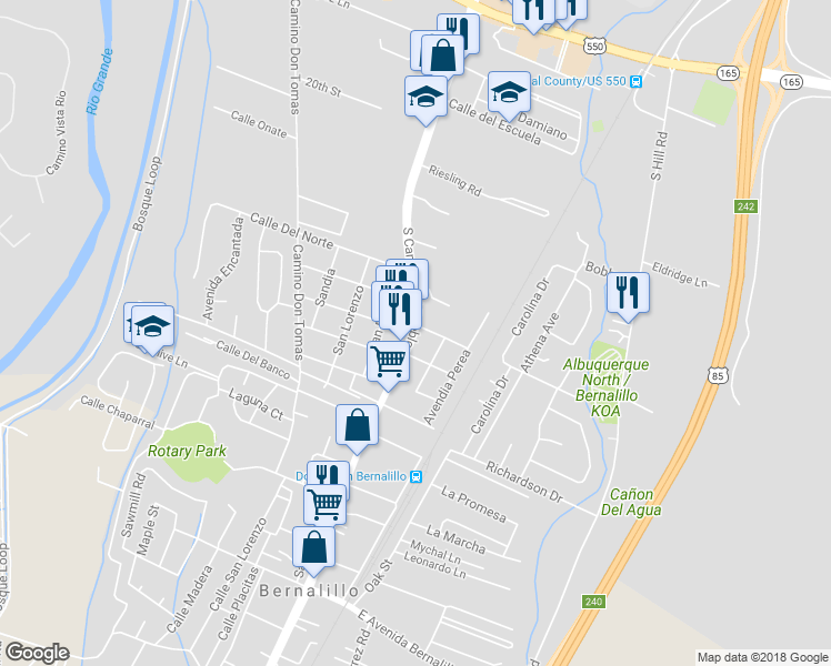 map of restaurants, bars, coffee shops, grocery stores, and more near 612 South Camino Del Pueblo in Bernalillo