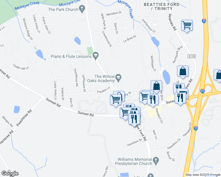 map of restaurants, bars, coffee shops, grocery stores, and more near 3850 Pauline Lane in Charlotte