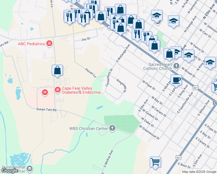 map of restaurants, bars, coffee shops, grocery stores, and more near 101 Queenbury Court in Dunn