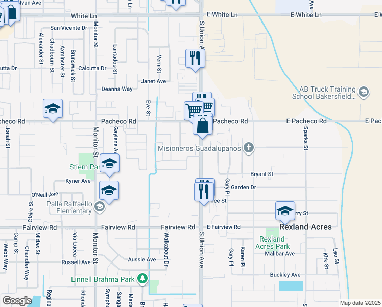 map of restaurants, bars, coffee shops, grocery stores, and more near 201 Lois Lane in Bakersfield