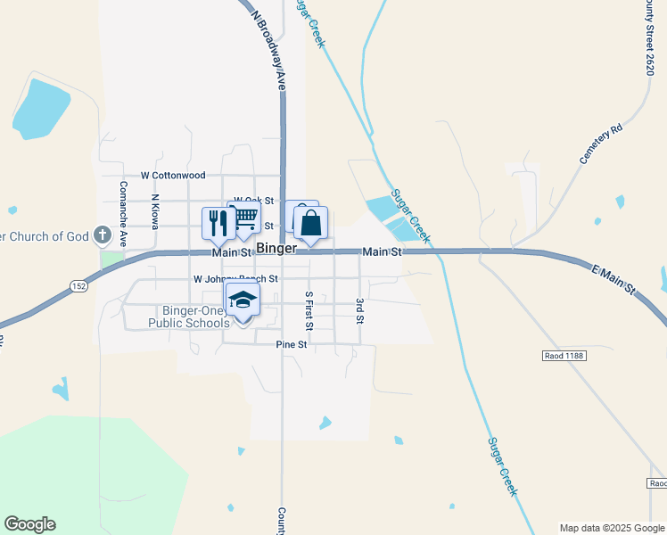 map of restaurants, bars, coffee shops, grocery stores, and more near 314 E West Main Street in Binger