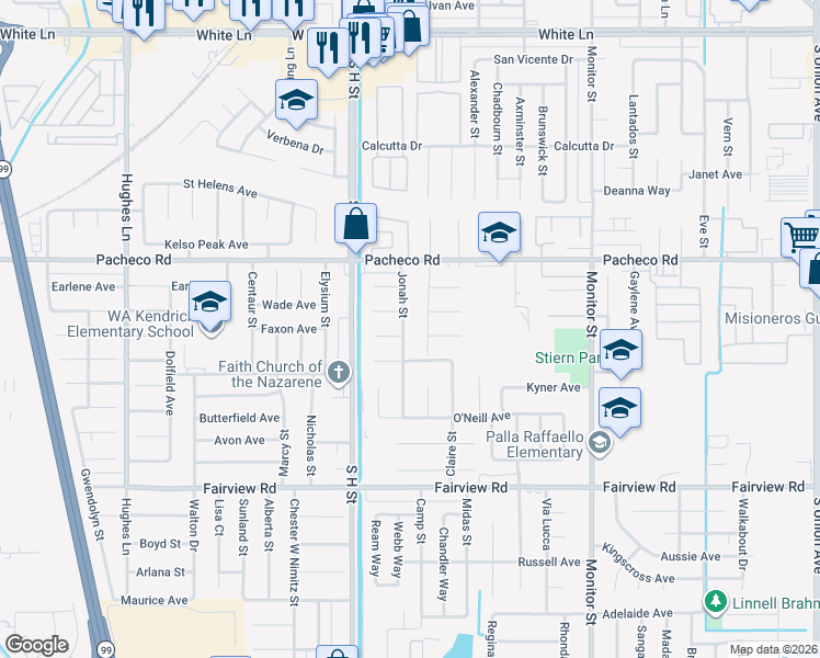 map of restaurants, bars, coffee shops, grocery stores, and more near 5108 Jonah Street in Bakersfield