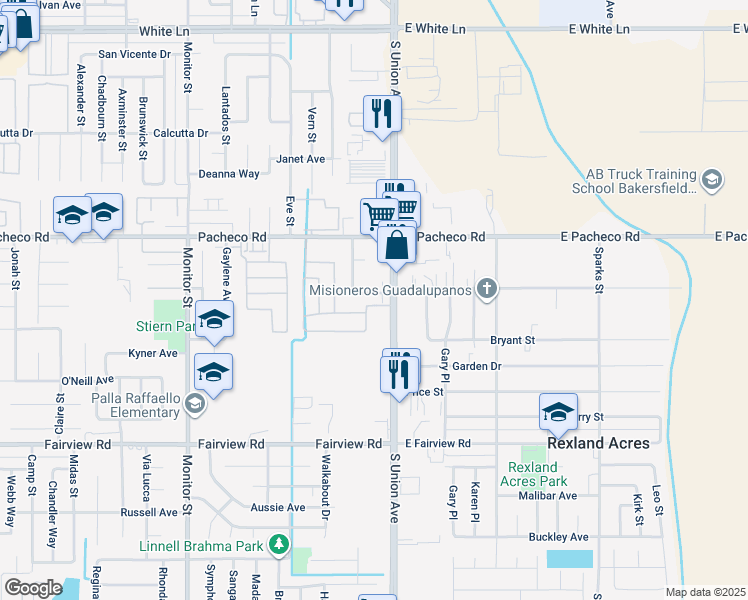 map of restaurants, bars, coffee shops, grocery stores, and more near 201 Lois Lane in Bakersfield