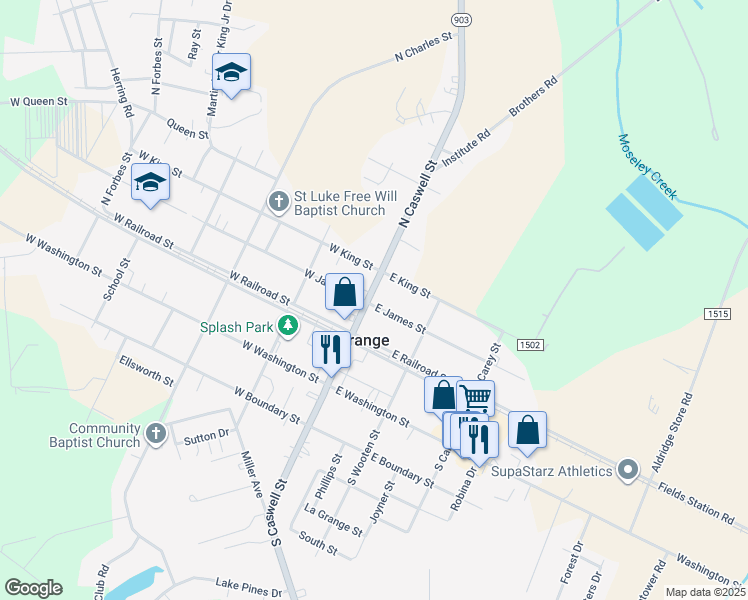 map of restaurants, bars, coffee shops, grocery stores, and more near 204 North Caswell Street in La Grange