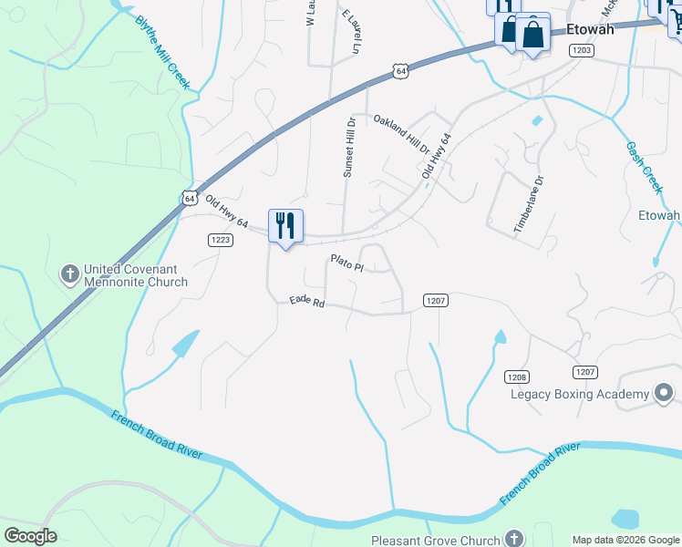 map of restaurants, bars, coffee shops, grocery stores, and more near 213 Plato Place in Etowah