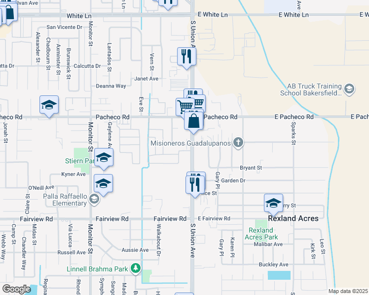 map of restaurants, bars, coffee shops, grocery stores, and more near 105 Lois Lane in Bakersfield