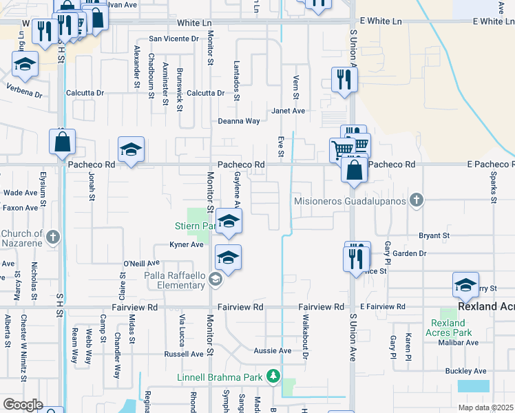 map of restaurants, bars, coffee shops, grocery stores, and more near El Pueblo Road in Bakersfield