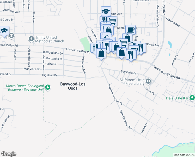 map of restaurants, bars, coffee shops, grocery stores, and more near 944 Highland Drive in Baywood-Los Osos