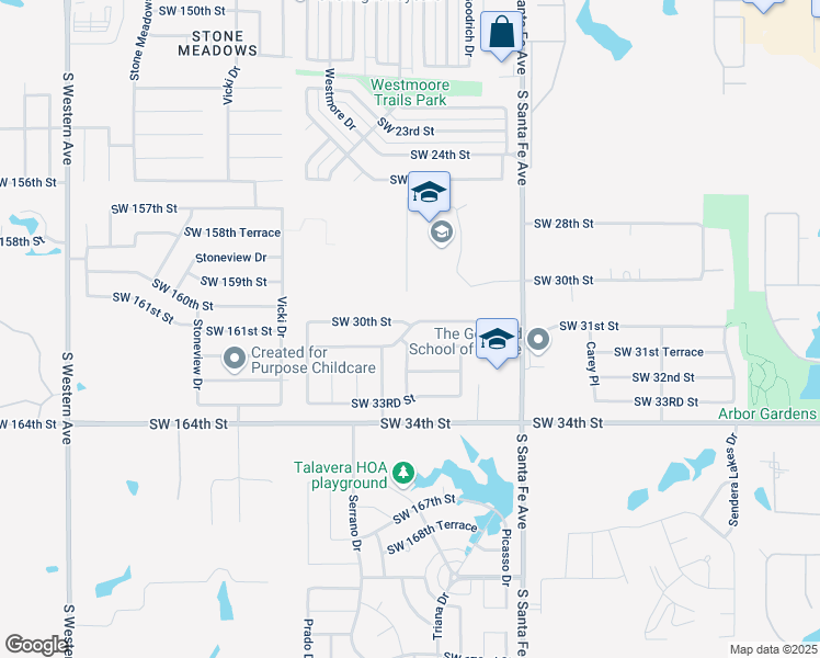 map of restaurants, bars, coffee shops, grocery stores, and more near 202 Oak Drive in Moore
