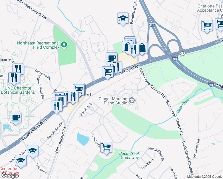 map of restaurants, bars, coffee shops, grocery stores, and more near 10074 Pergola View Court in Charlotte