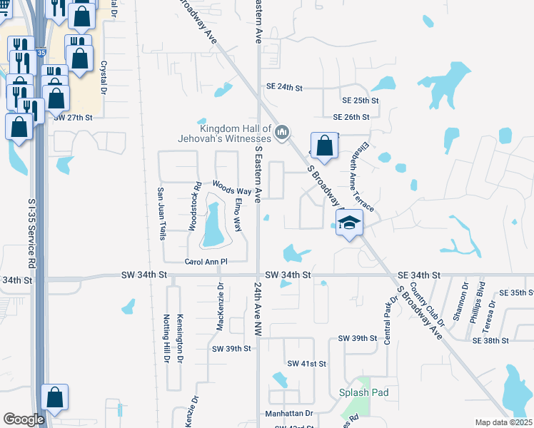 map of restaurants, bars, coffee shops, grocery stores, and more near 3100 South Eastern Avenue in Moore