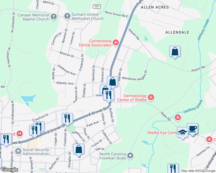 map of restaurants, bars, coffee shops, grocery stores, and more near 1019 Fallston Road in Shelby