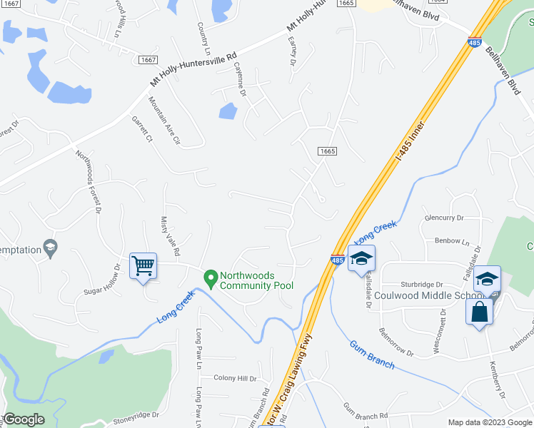 map of restaurants, bars, coffee shops, grocery stores, and more near 9408 Northwoods Forest Drive in Charlotte