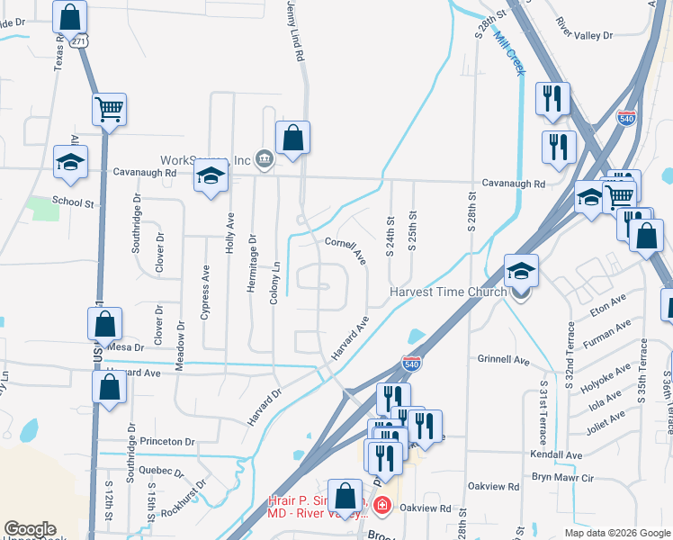 map of restaurants, bars, coffee shops, grocery stores, and more near 206 South 21st Terrace in Fort Smith