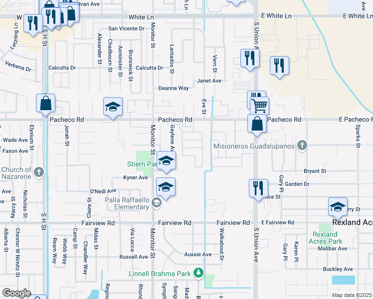 map of restaurants, bars, coffee shops, grocery stores, and more near El Pueblo Road in Bakersfield