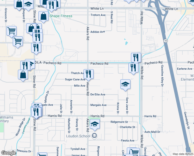 map of restaurants, bars, coffee shops, grocery stores, and more near 4004 Sugar Cane Avenue in Bakersfield