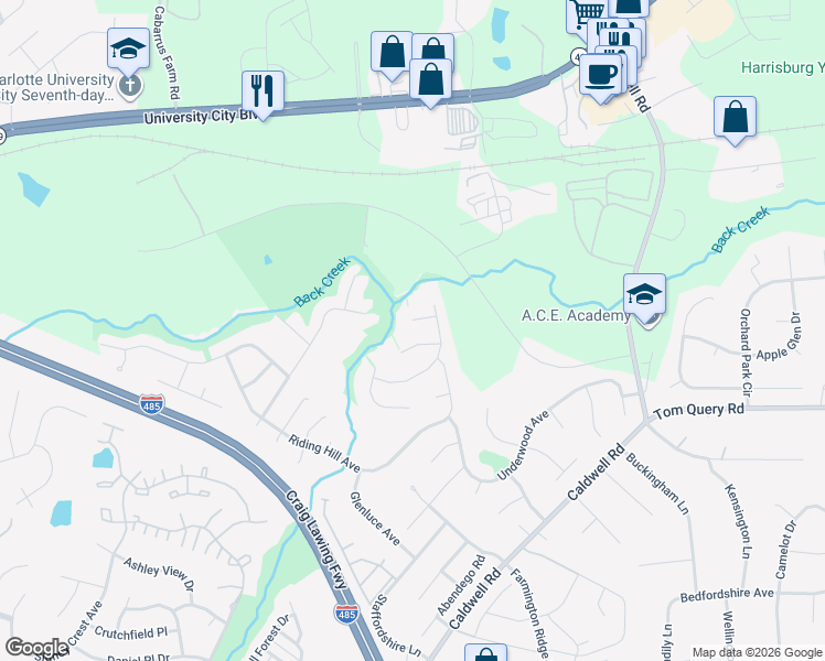 map of restaurants, bars, coffee shops, grocery stores, and more near 14230 Wentwater Street in Charlotte