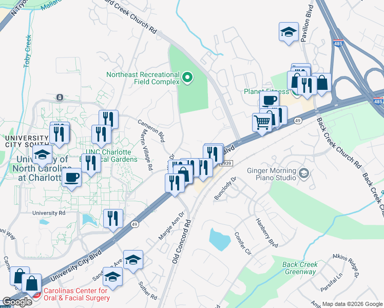 map of restaurants, bars, coffee shops, grocery stores, and more near 9515 University Terrace Drive in Charlotte