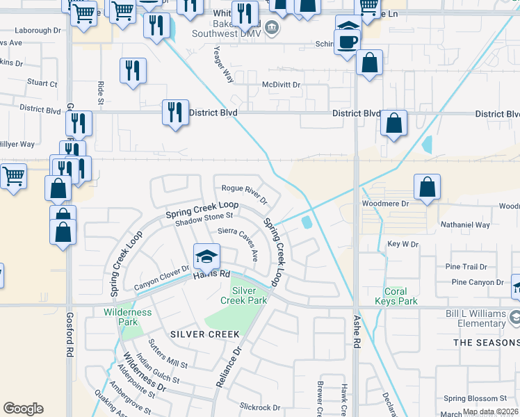 map of restaurants, bars, coffee shops, grocery stores, and more near 5110 Hummingbird Court in Bakersfield