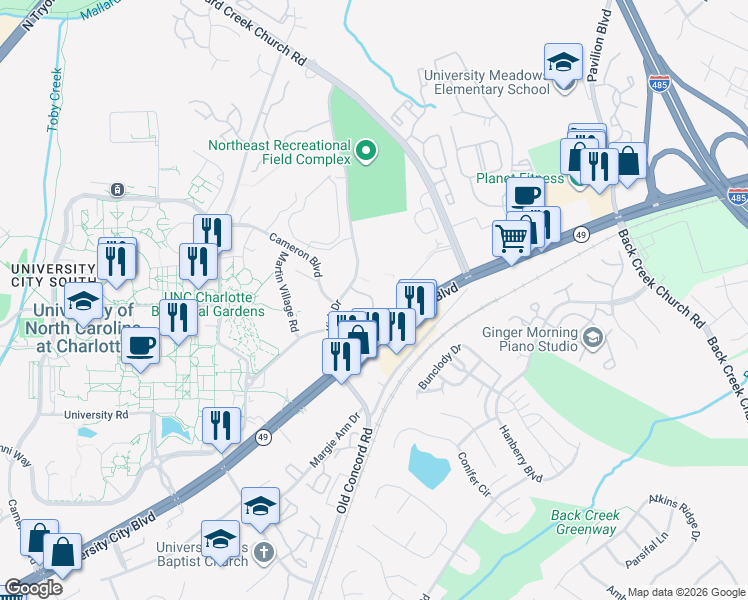 map of restaurants, bars, coffee shops, grocery stores, and more near 9527 University Terrace Drive in Charlotte