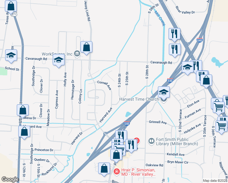 map of restaurants, bars, coffee shops, grocery stores, and more near 221 Cornell Avenue in Fort Smith